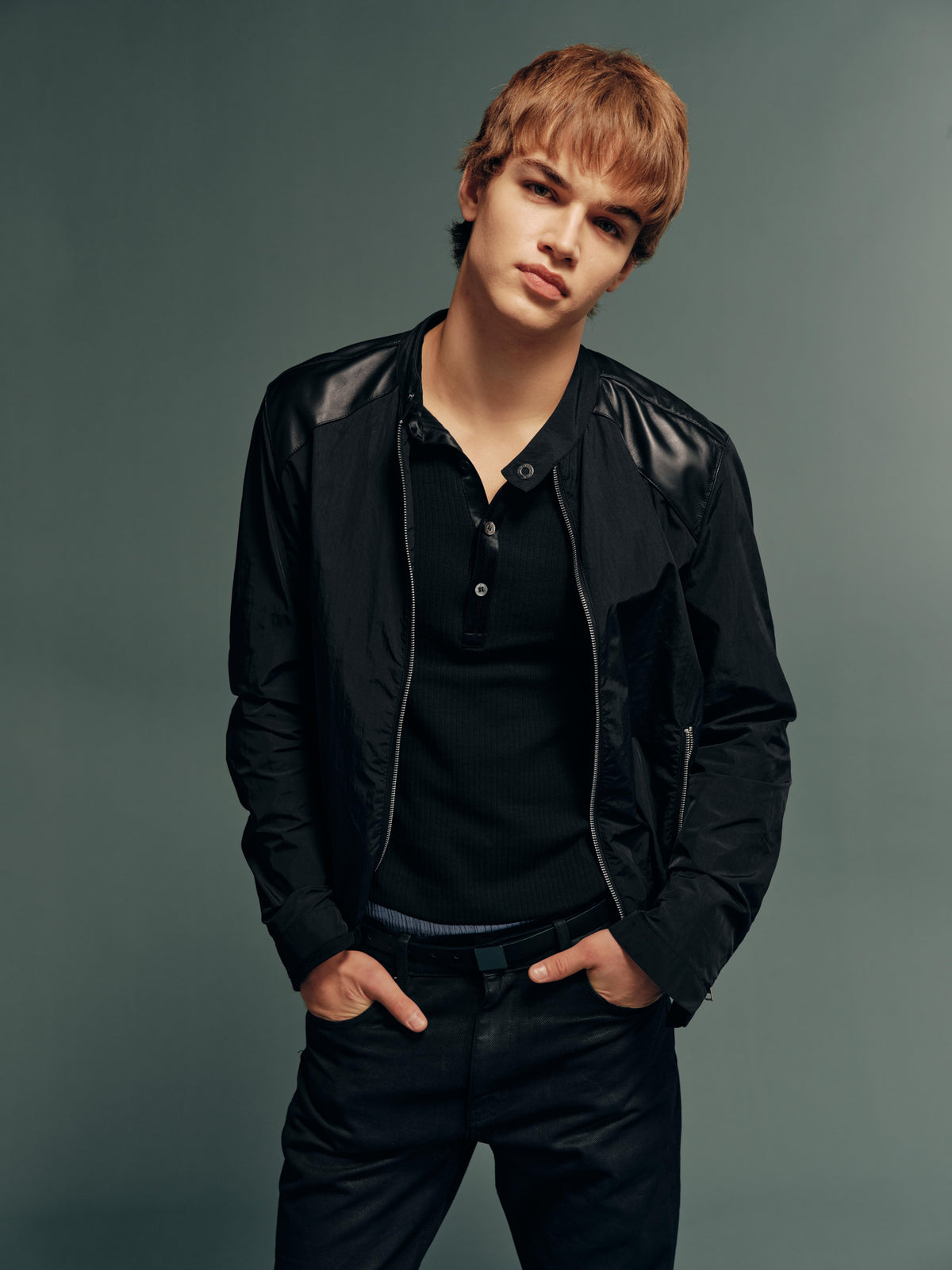 Calfskin-Panel DWR Water-Repellent Nylon Zip-Up Biker Jacket