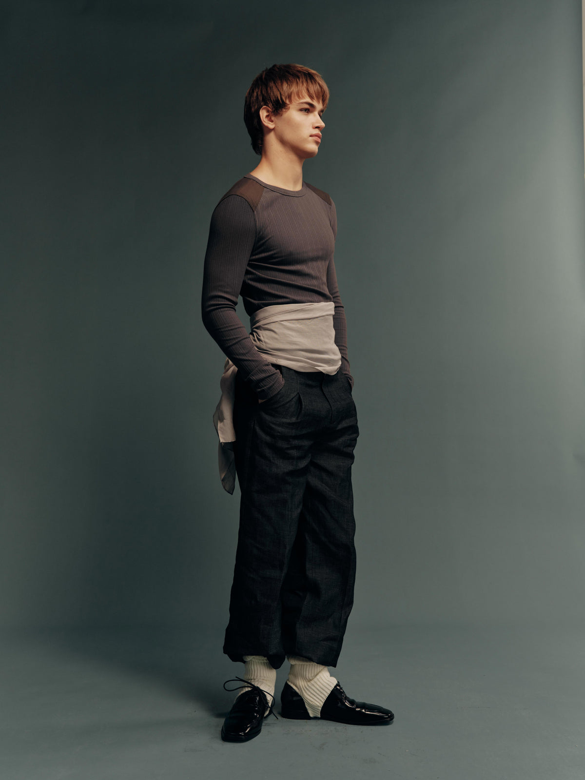 Stretch Ribbed Slim-Fit Long-Sleeve Top with Contrast Shoulder Patch Panels – 4 Colors