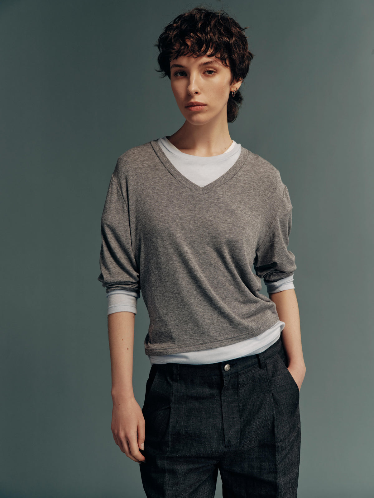 TENCEL™ Lyocell-Wool Contrast V-Neck Faux-Layered Long-Sleeve Top – 3 Colors