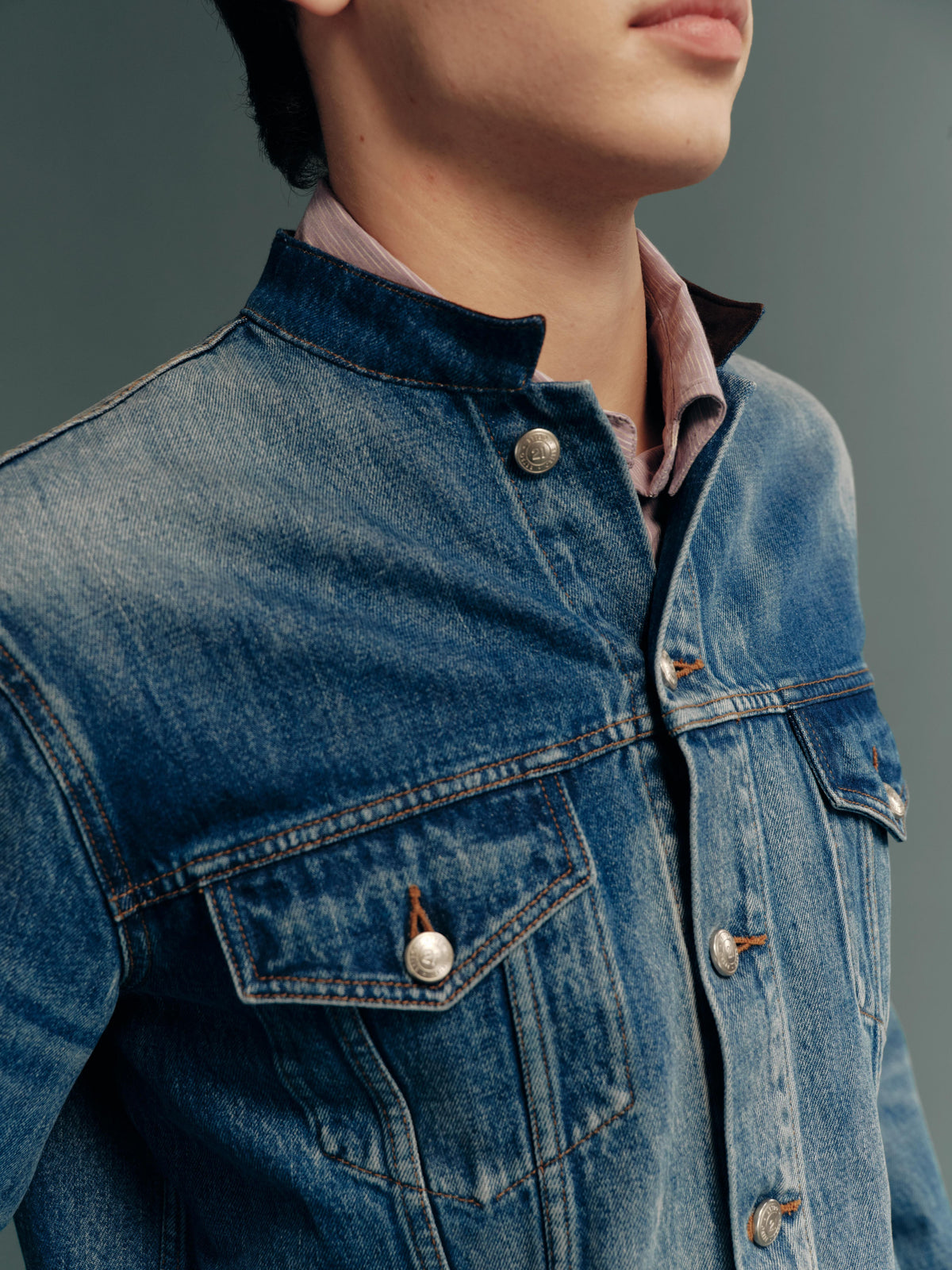 Washed Mandarin-Collar Cropped Denim Jacket with Suede Paneling