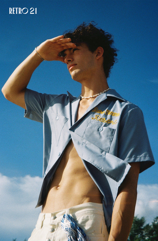 Retro R21 short and wide style blue towel embroidered short-sleeved shirt Retro Summer embroidered shirt