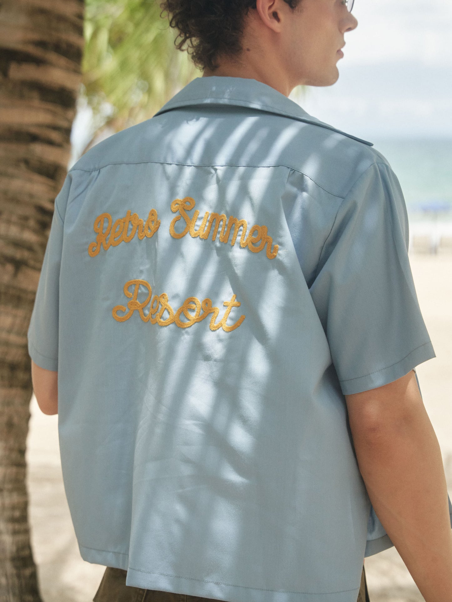 Retro R21 short and wide style blue towel embroidered short-sleeved shirt Retro Summer embroidered shirt