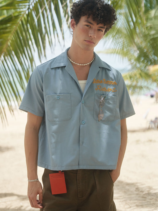 Retro R21 short and wide style blue towel embroidered short-sleeved shirt Retro Summer embroidered shirt