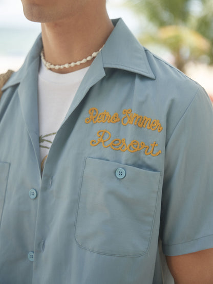 Retro R21 short and wide style blue towel embroidered short-sleeved shirt Retro Summer embroidered shirt