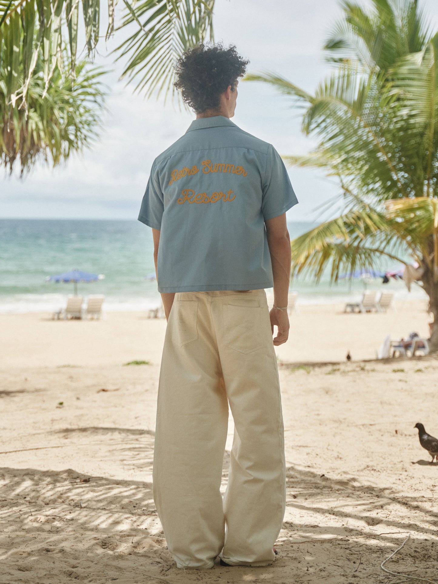 Retro R21 short and wide style blue towel embroidered short-sleeved shirt Retro Summer embroidered shirt