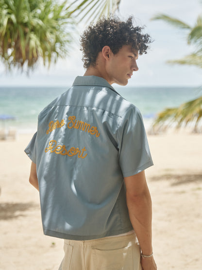 Retro R21 short and wide style blue towel embroidered short-sleeved shirt Retro Summer embroidered shirt