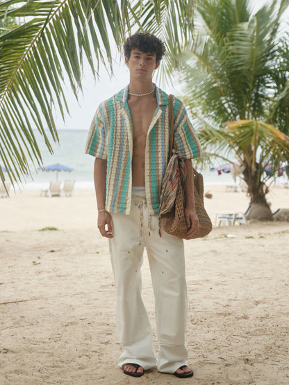 Retro21 R21 Summer knitted hollow striped short-sleeved shirt