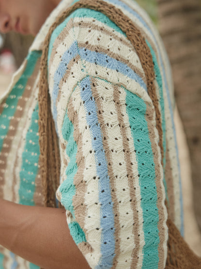 Retro21 R21 Summer knitted hollow striped short-sleeved shirt