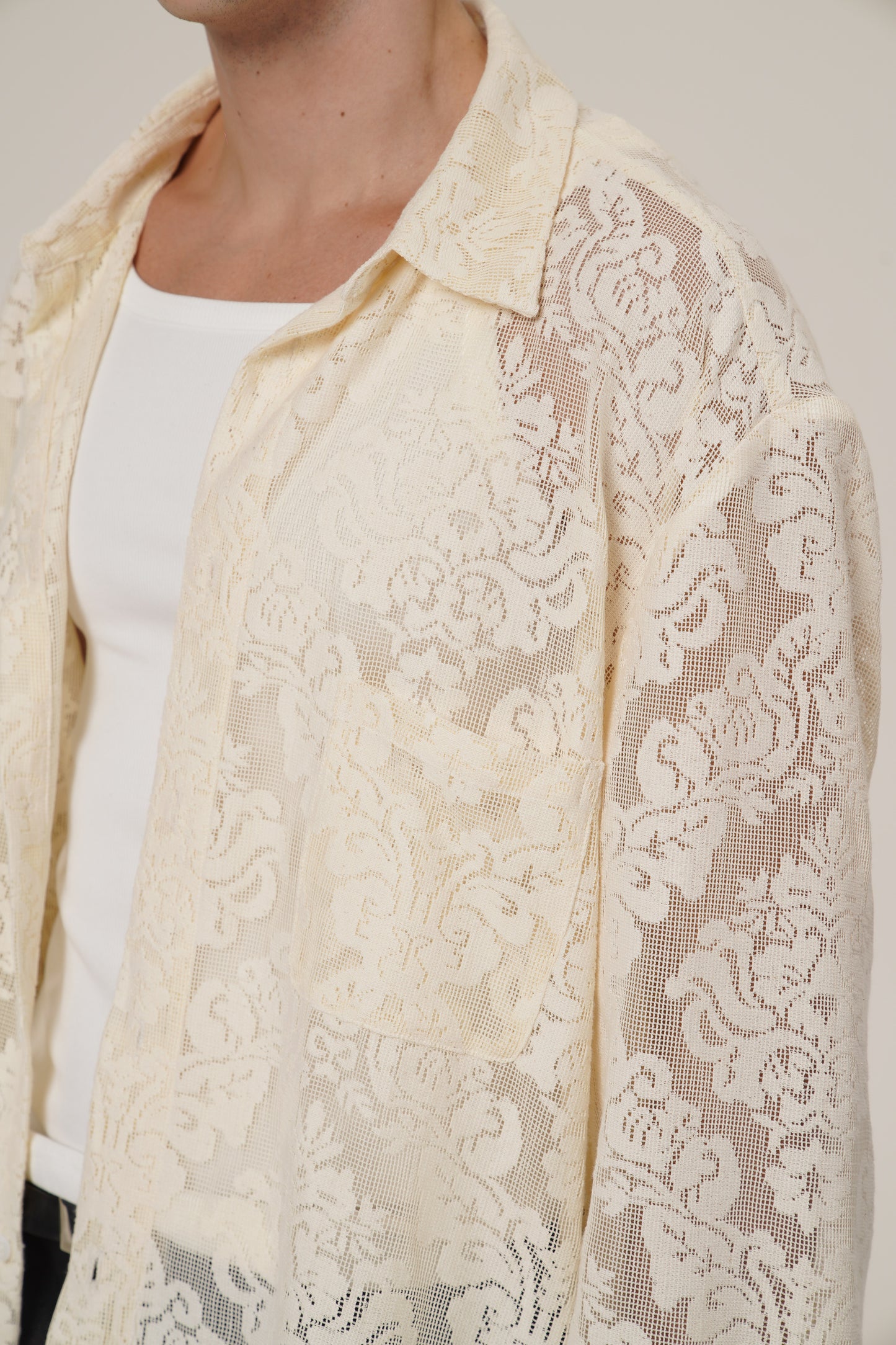 Retro 21 R21 Custom openwork pattern beige long-sleeved shirt