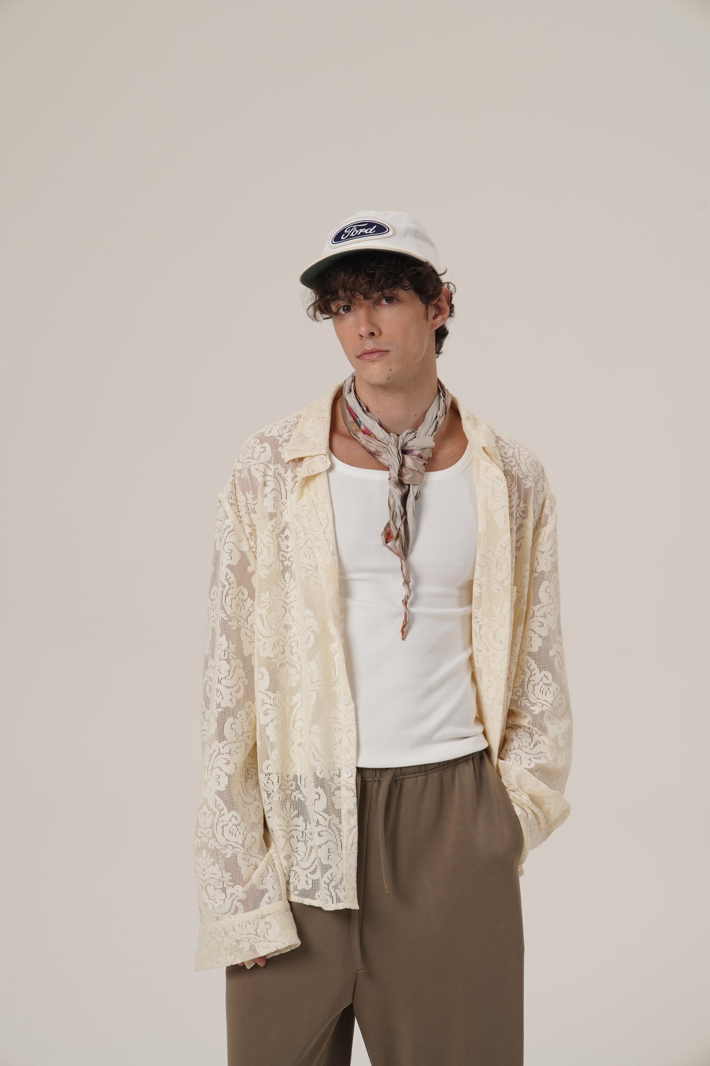 Retro 21 R21 Custom openwork pattern beige long-sleeved shirt