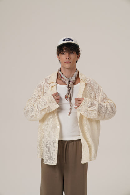 Retro 21 R21 Custom openwork pattern beige long-sleeved shirt