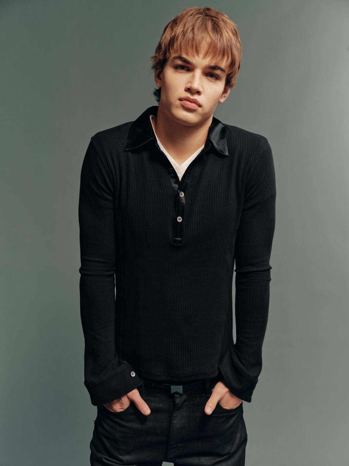Acetate-Panel Wool-Blend High-Stretch Slim-Fit Ribbed Polo Long-Sleeve Top