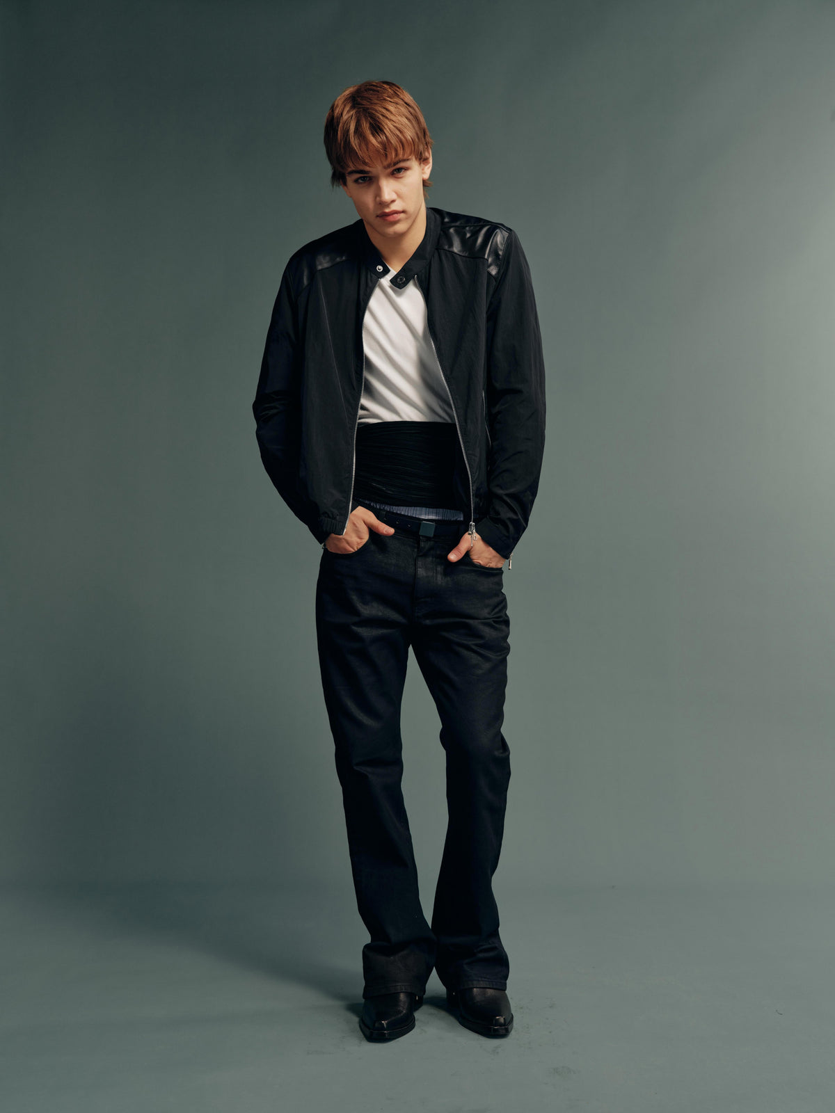 Calfskin-Panel DWR Water-Repellent Nylon Zip-Up Biker Jacket