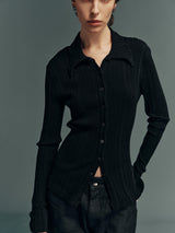 Stretch Ribbed Slim-Fit Button-Front Knit Long-Sleeve Shirt