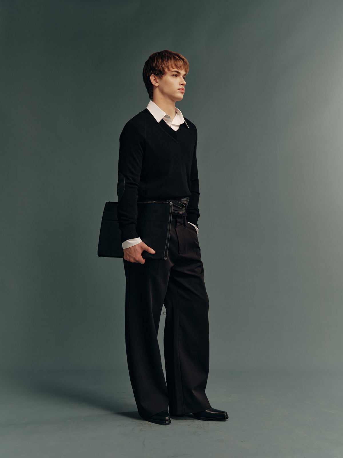 Wool-Blend V-Neck Relaxed Sweatshirt with Genuine Calfskin Elbow Patches