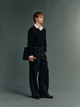 Wool-Blend V-Neck Relaxed Sweatshirt with Genuine Calfskin Elbow Patches