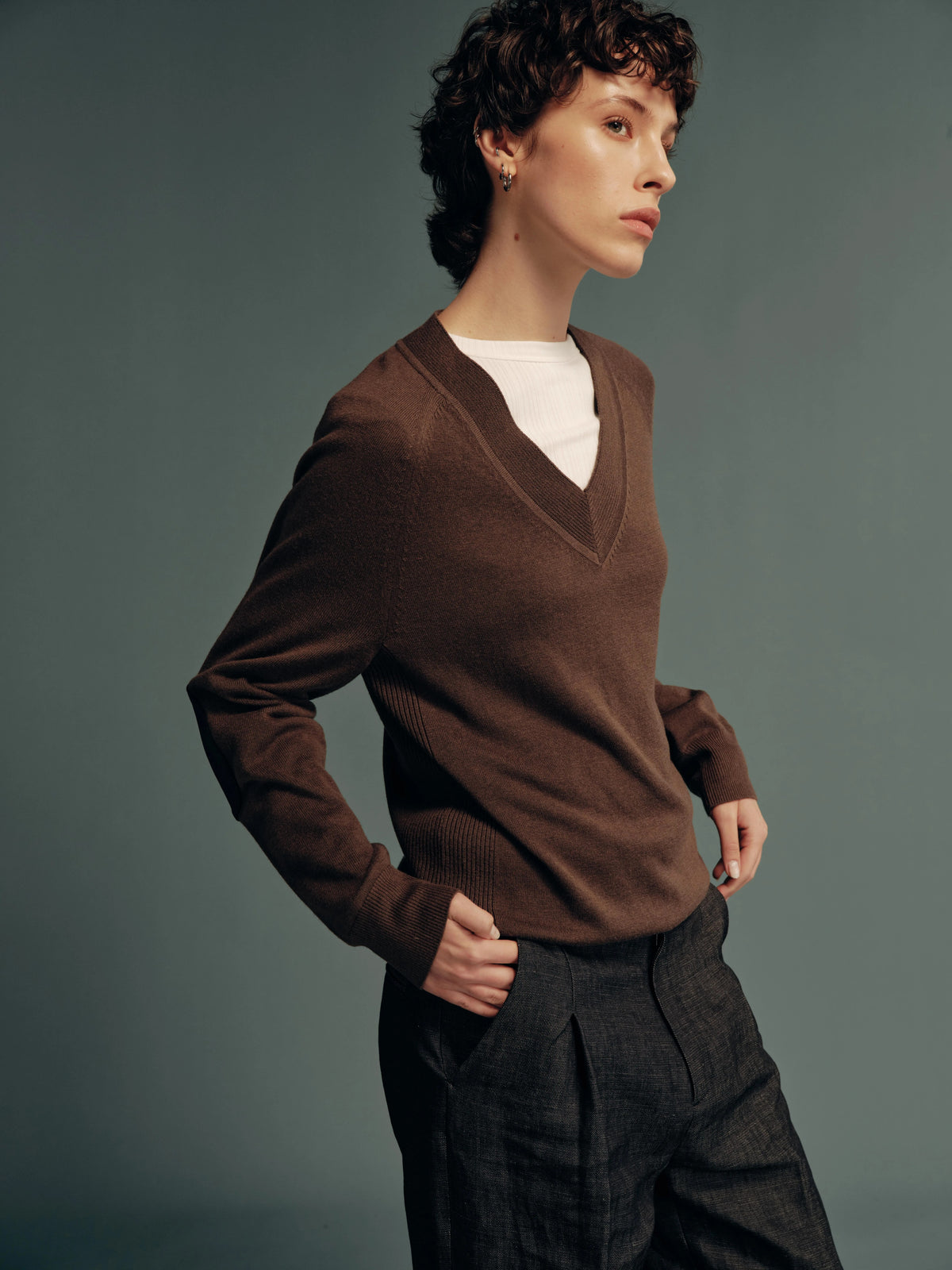 Wool-Blend V-Neck Relaxed Sweatshirt with Genuine Calfskin Elbow Patches