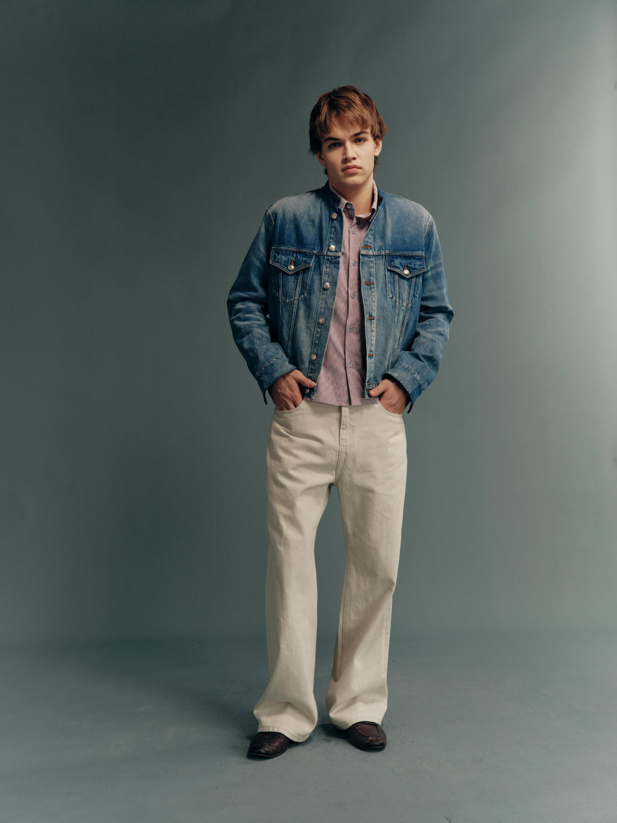 Washed Mandarin-Collar Cropped Denim Jacket with Suede Paneling