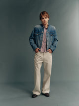 Washed Mandarin-Collar Cropped Denim Jacket with Suede Paneling