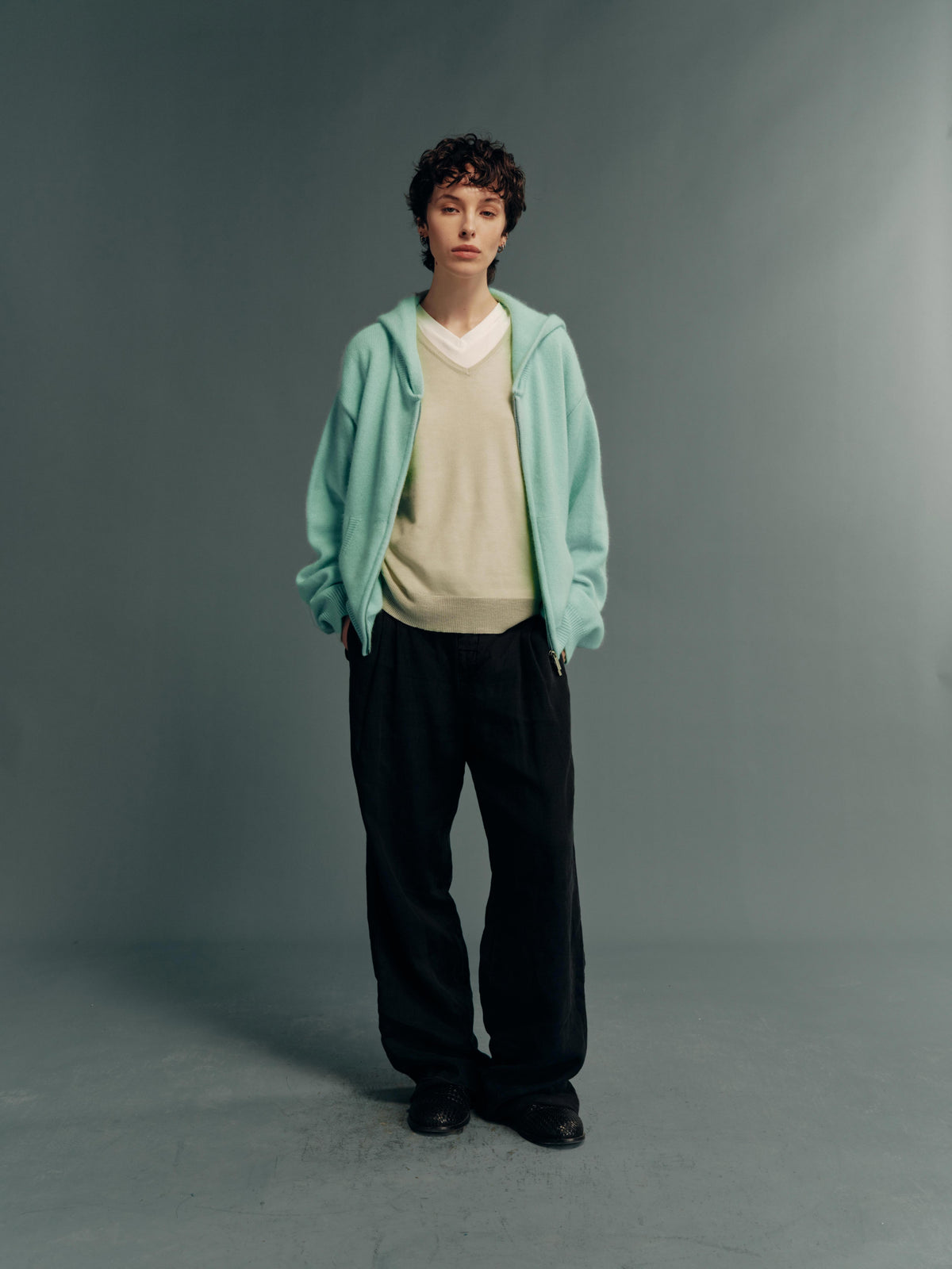 Raccoon-Wool Blend Two-Tone Relaxed-Fit Zip-Up Knit Hoodie