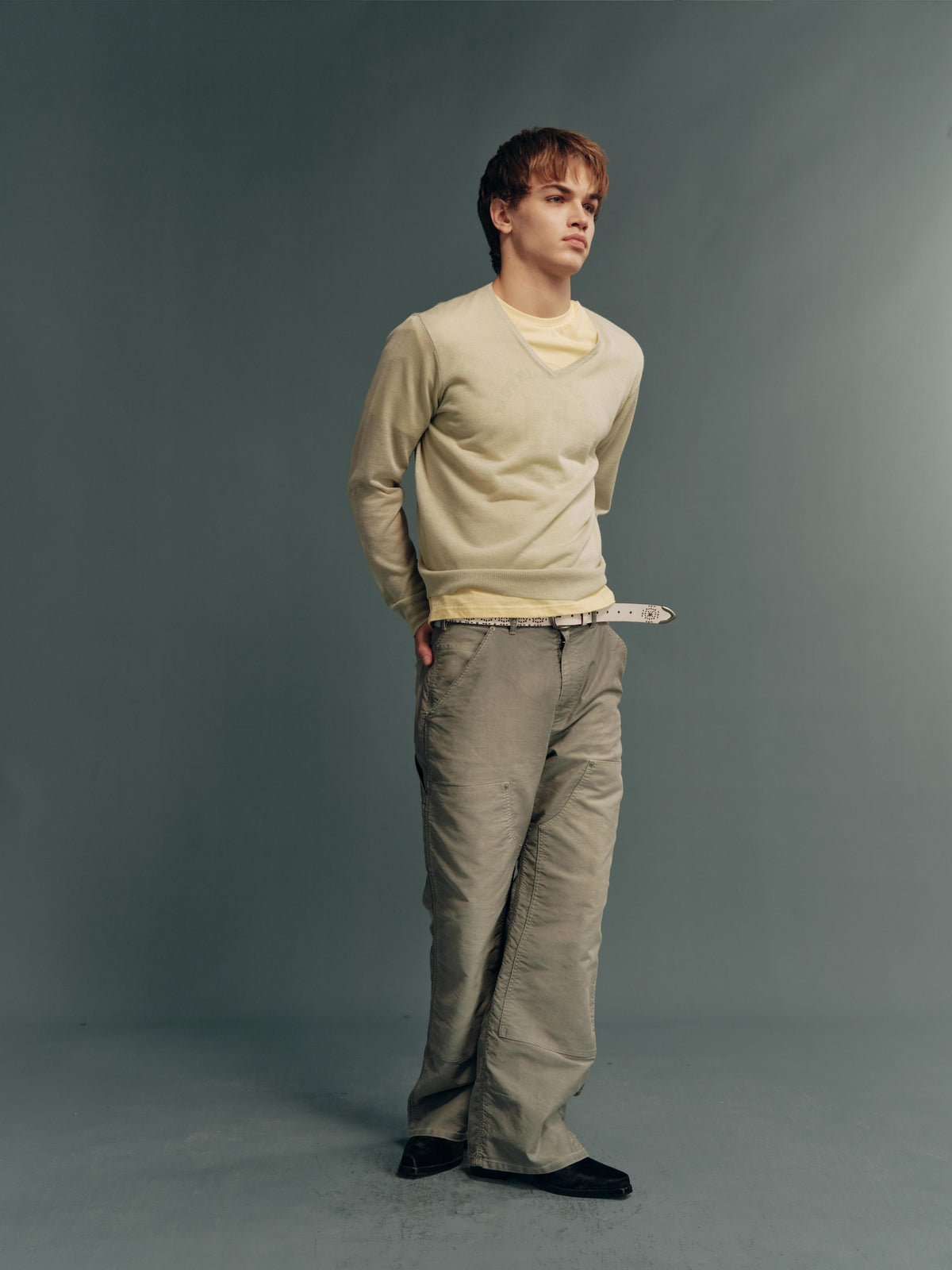 Garment-Dyed Washed Moleskin Grey-Green Relaxed Straight-Leg Double-Knee Pants