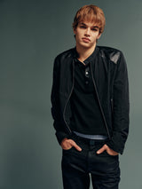 Calfskin-Panel DWR Water-Repellent Nylon Zip-Up Biker Jacket