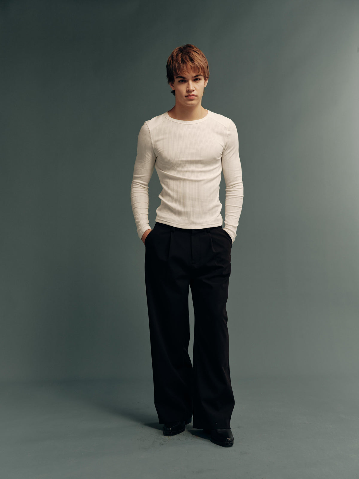 Stretch Ribbed Slim-Fit Long-Sleeve Top with Contrast Shoulder Patch Panels – 4 Colors