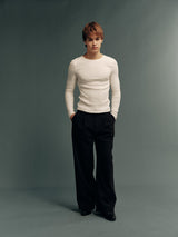 Stretch Ribbed Slim-Fit Long-Sleeve Top with Contrast Shoulder Patch Panels – 4 Colors