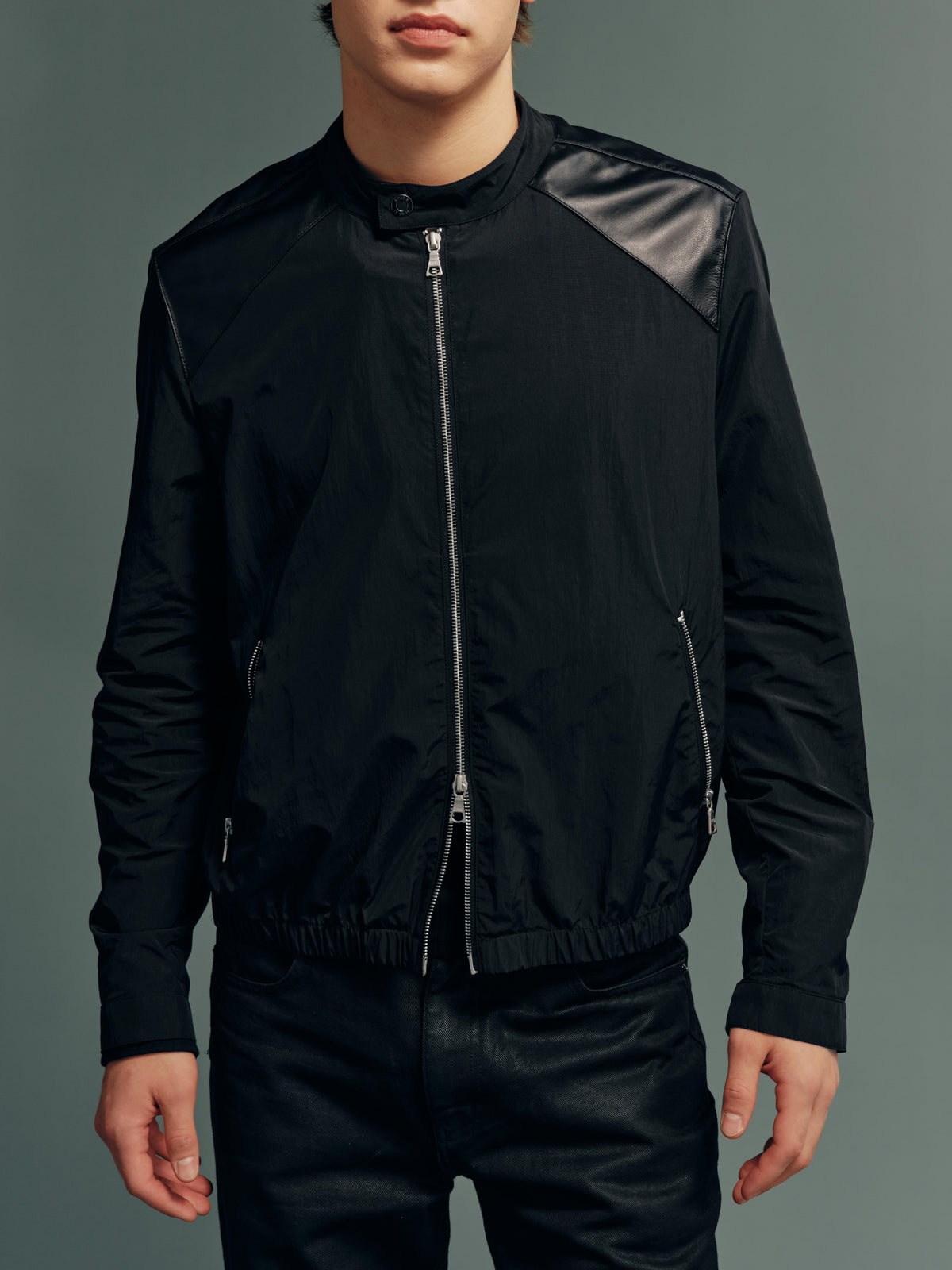Calfskin-Panel DWR Water-Repellent Nylon Zip-Up Biker Jacket