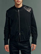 Calfskin-Panel DWR Water-Repellent Nylon Zip-Up Biker Jacket