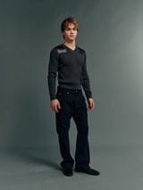 Wool-Blend Ribbed V-Neck Slim-Fit Sweatshirt in Dark Heather Grey with Calfskin Shoulder Panels