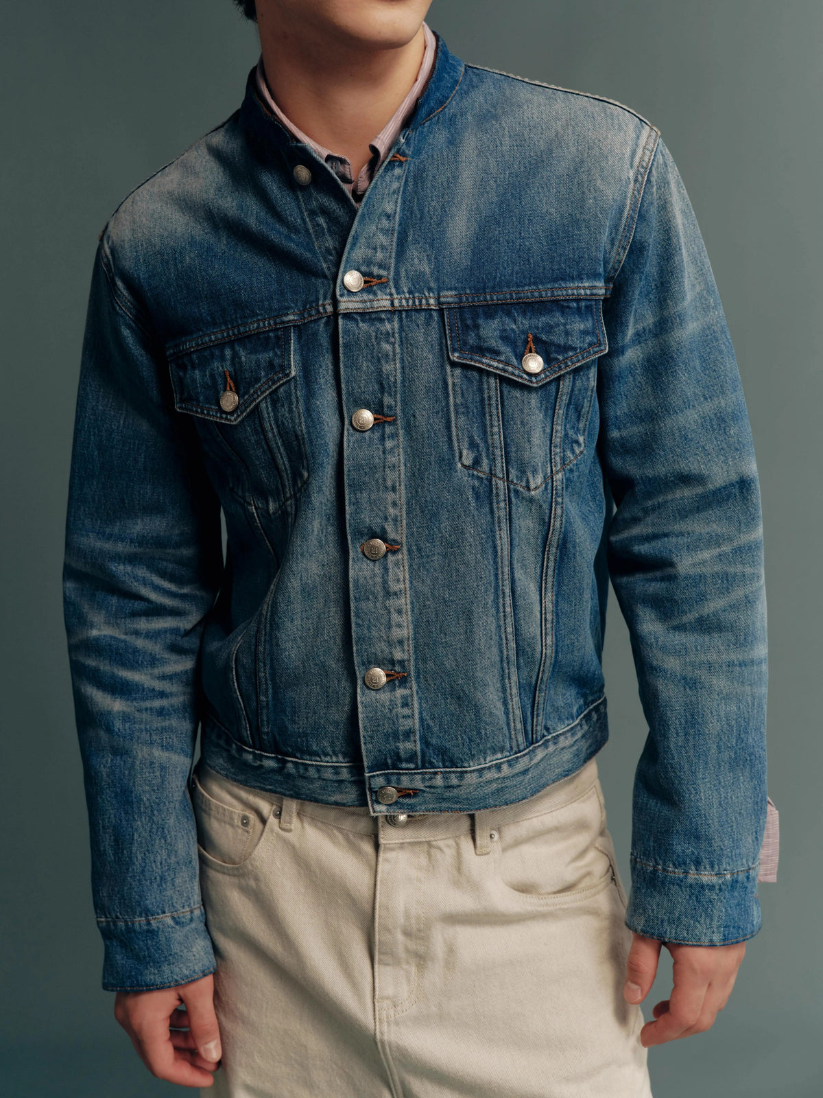 Washed Mandarin-Collar Cropped Denim Jacket with Suede Paneling