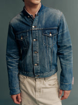 Washed Mandarin-Collar Cropped Denim Jacket with Suede Paneling