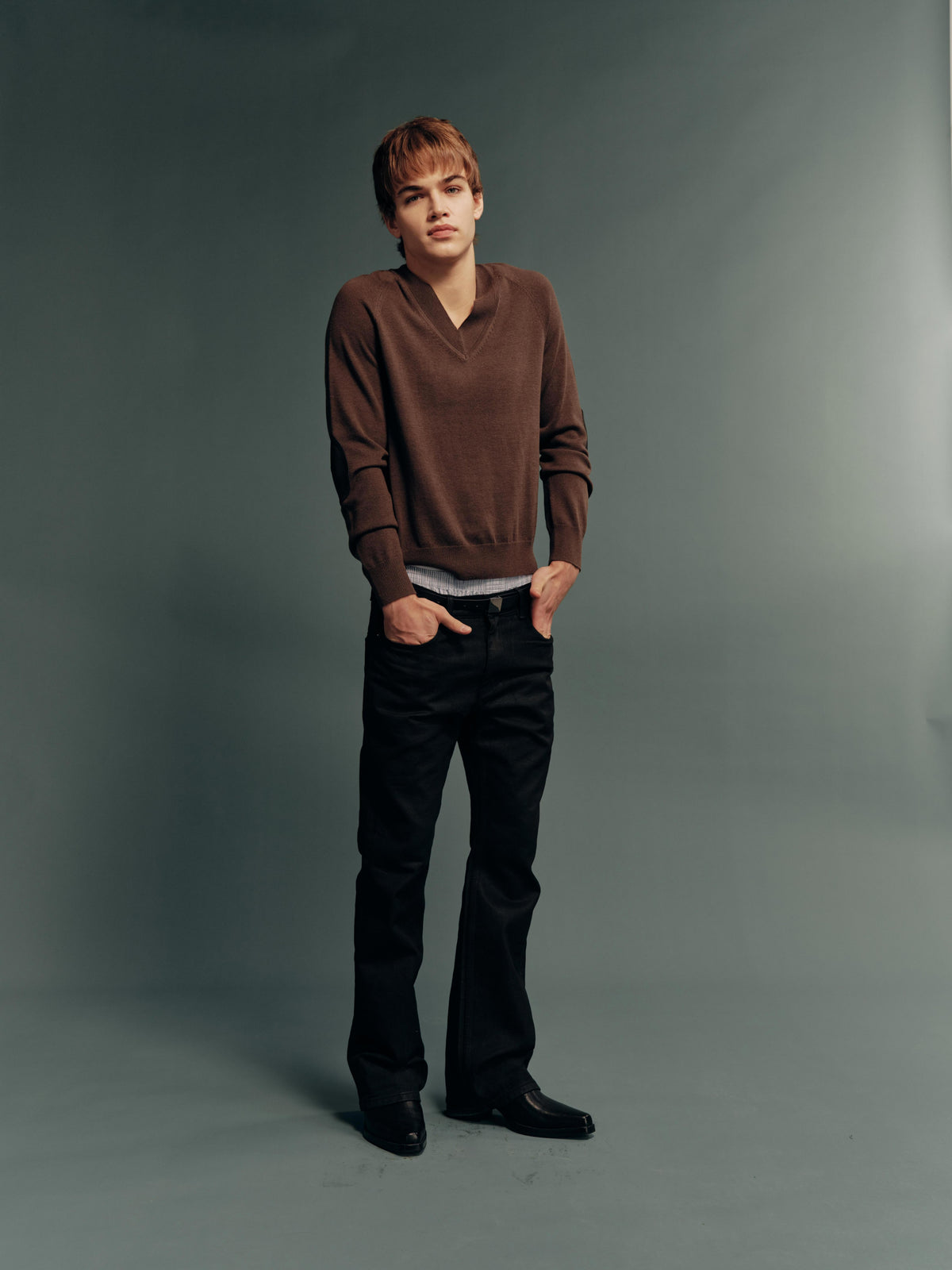 Wool-Blend V-Neck Relaxed Sweatshirt with Genuine Calfskin Elbow Patches