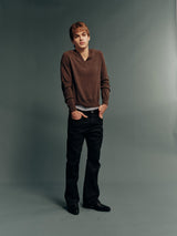 Wool-Blend V-Neck Relaxed Sweatshirt with Genuine Calfskin Elbow Patches