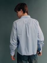80s 2-Ply Long-Staple Cotton Striped Raw-Edge Cropped Wide-Fit Long-Sleeve Shirt