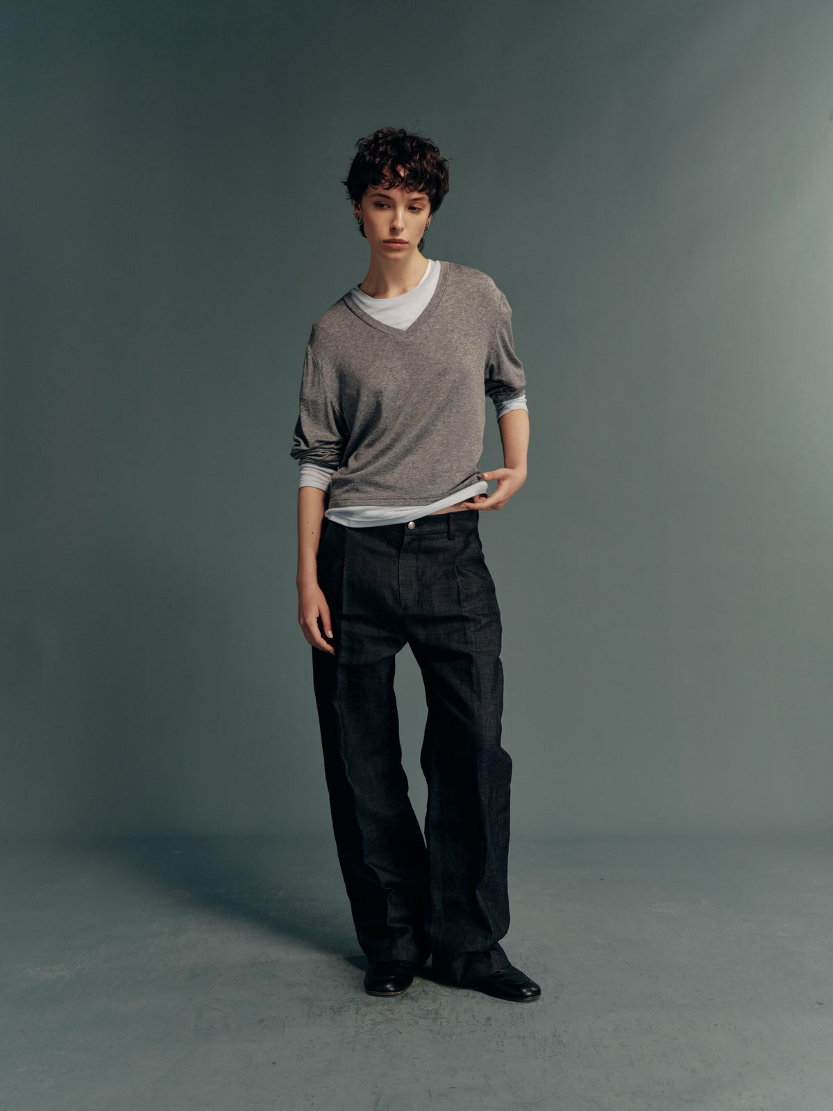 TENCEL™ Lyocell-Wool Contrast V-Neck Faux-Layered Long-Sleeve Top – 3 Colors
