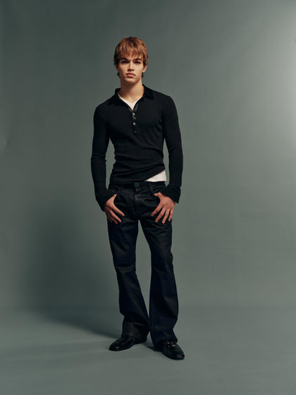 Acetate-Panel Wool-Blend High-Stretch Slim-Fit Ribbed Polo Long-Sleeve Top