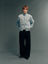 Japanese Fabric Blue & Yellow Striped Mock-Neck Double-Zip Cardigan