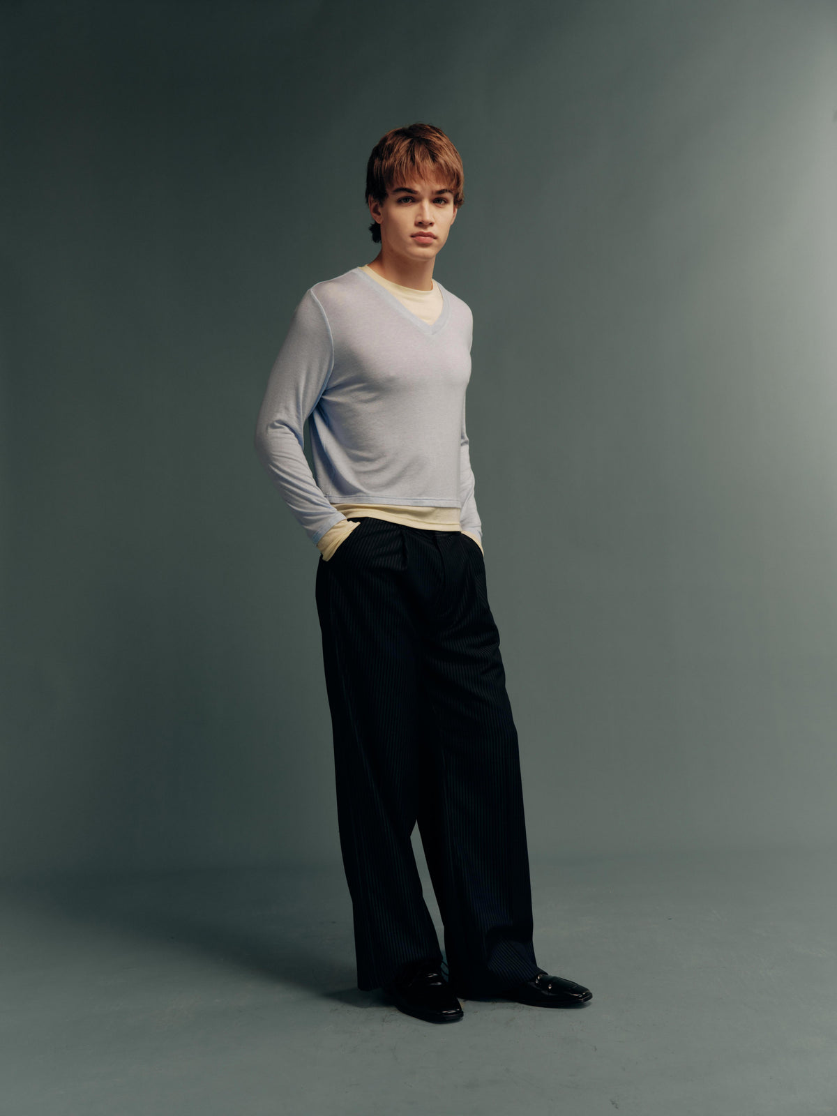 TENCEL™ Lyocell-Wool Contrast V-Neck Faux-Layered Long-Sleeve Top – 3 Colors