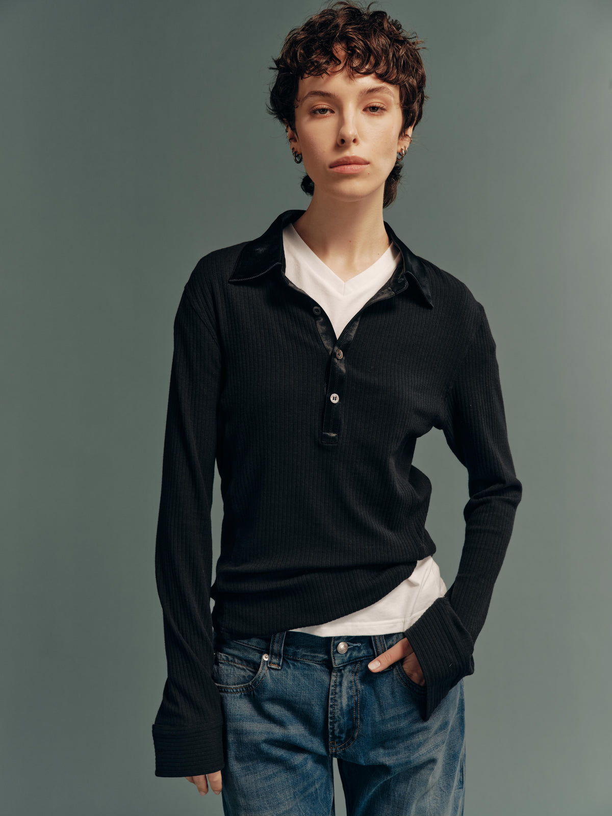 Acetate-Panel Wool-Blend High-Stretch Slim-Fit Ribbed Polo Long-Sleeve Top