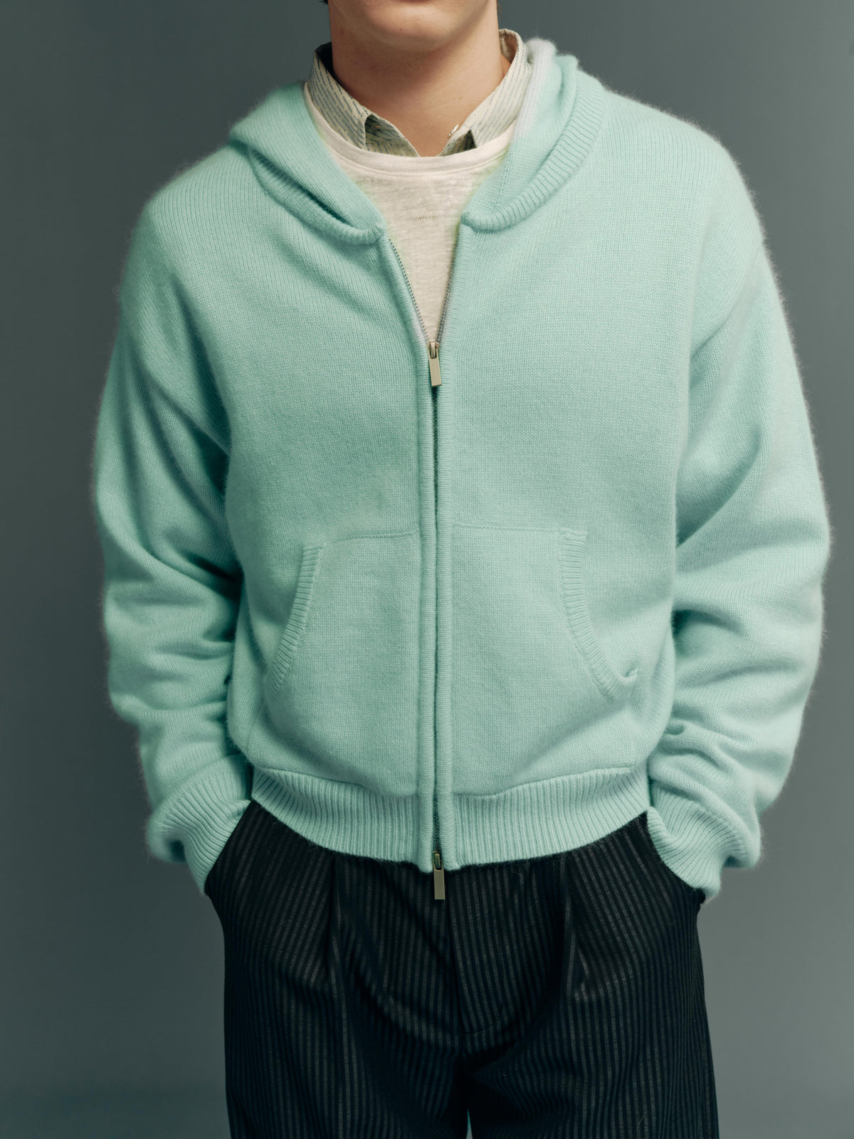 Raccoon-Wool Blend Two-Tone Relaxed-Fit Zip-Up Knit Hoodie