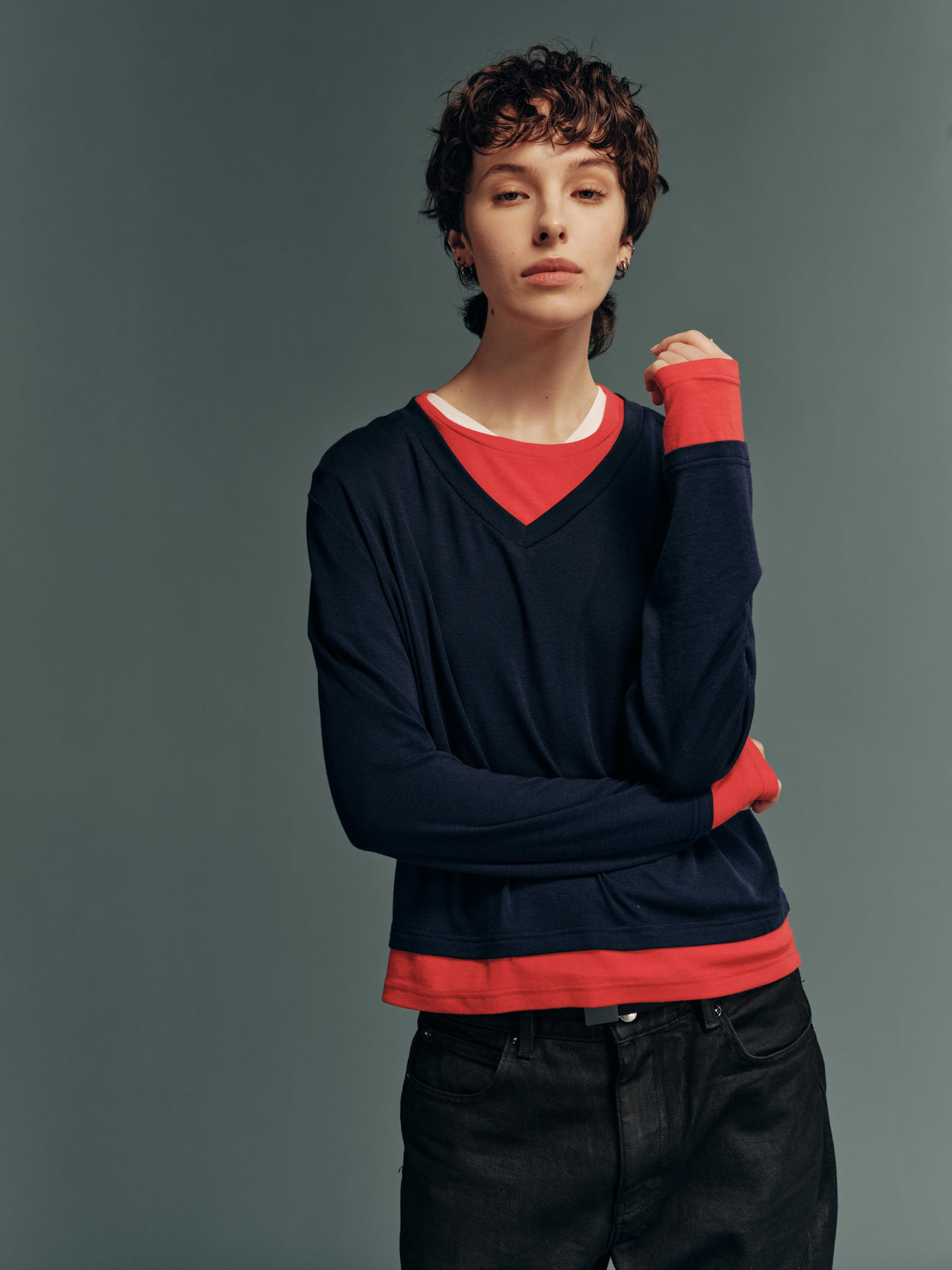 TENCEL™ Lyocell-Wool Contrast V-Neck Faux-Layered Long-Sleeve Top – 3 Colors