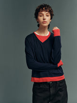 TENCEL™ Lyocell-Wool Contrast V-Neck Faux-Layered Long-Sleeve Top – 3 Colors