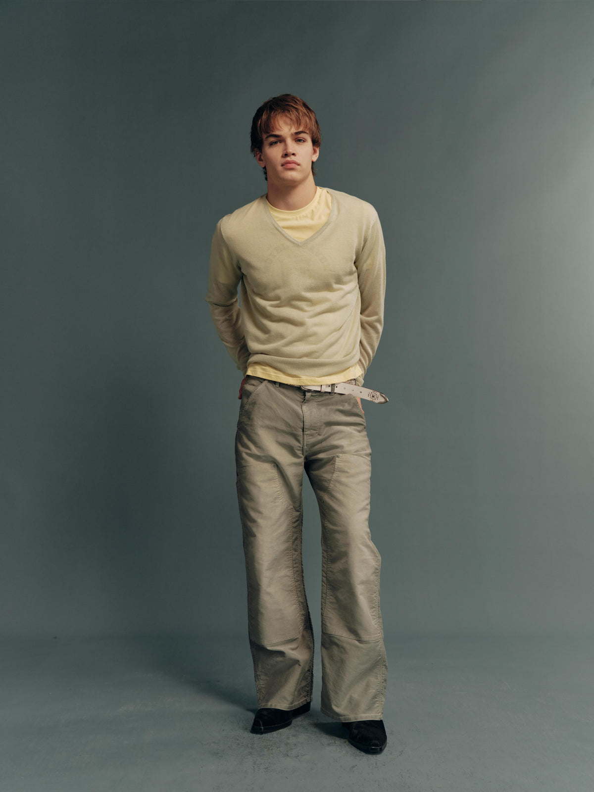 Garment-Dyed Washed Moleskin Grey-Green Relaxed Straight-Leg Double-Knee Pants