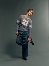 Garment-Washed Cotton Brushed-Finish Long-Sleeve T-Shirt with Appliqué Embroidery and “21” Print, Relaxed Fit