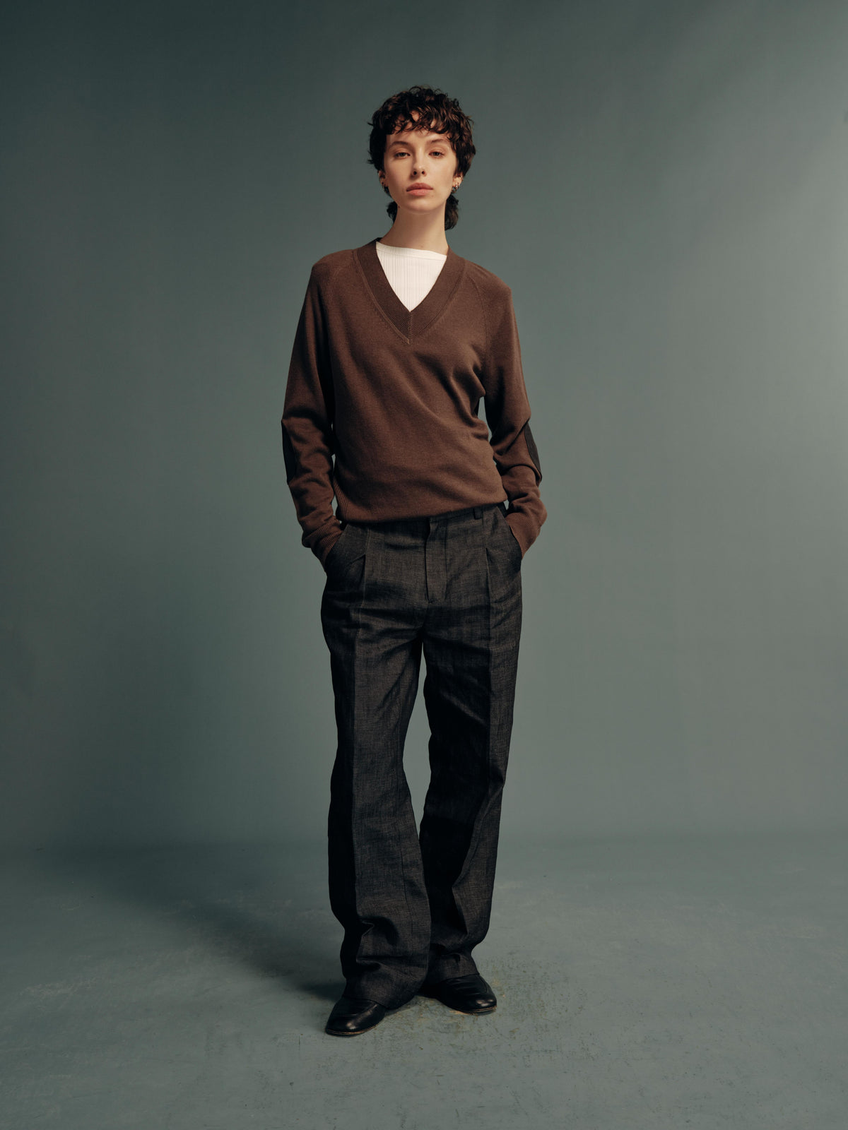 Wool-Blend V-Neck Relaxed Sweatshirt with Genuine Calfskin Elbow Patches
