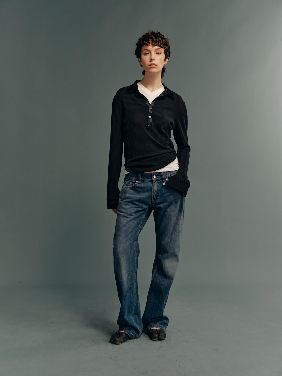 Acetate-Panel Wool-Blend High-Stretch Slim-Fit Ribbed Polo Long-Sleeve Top
