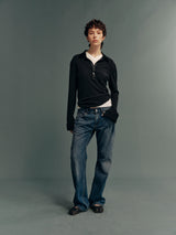 Acetate-Panel Wool-Blend High-Stretch Slim-Fit Ribbed Polo Long-Sleeve Top
