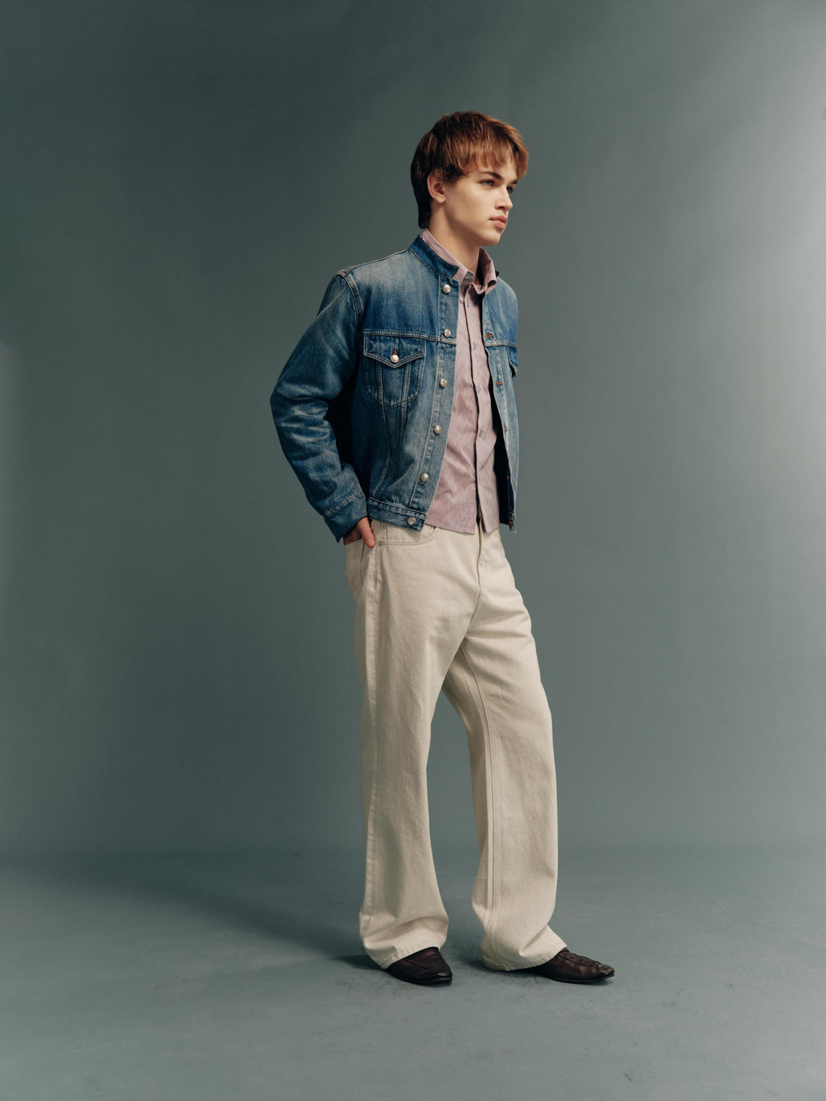 Washed Mandarin-Collar Cropped Denim Jacket with Suede Paneling